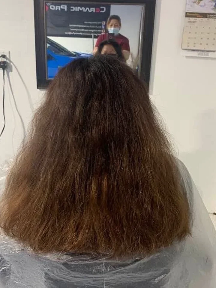 Before: Frizzy, uneven brown hair with grown-out color.