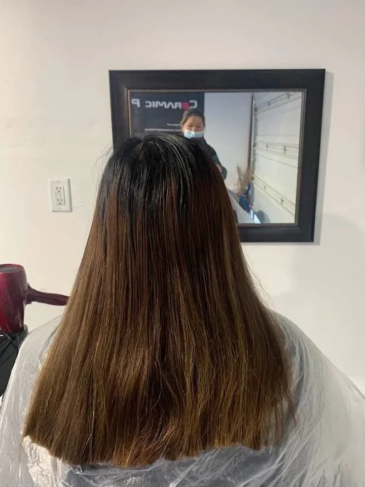 Before: Long hair with dark roots and faded brown ends.