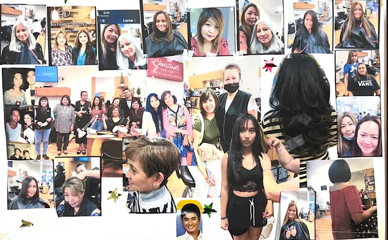 The salon's photo wall, a collage of dozens of happy clients and their new looks.