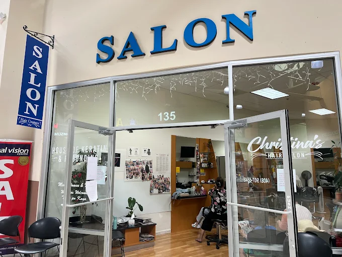 The front of Christina's Hair Salon in Suite 135, with 'House of Keratin & Rebonding' on the door.