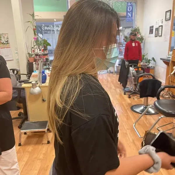 Long, face-framing layers with a soft blonde balayage.